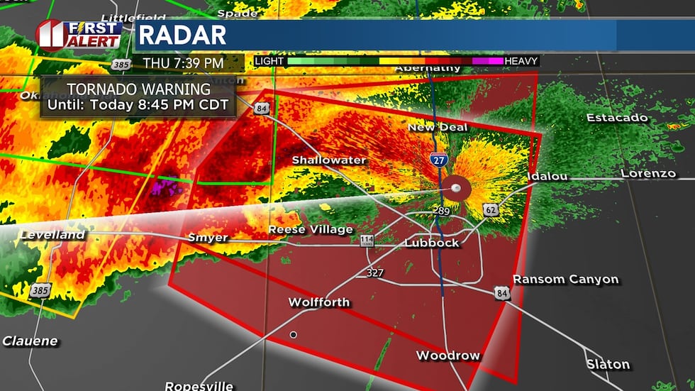 Tornado warning, radar image at 7:39p