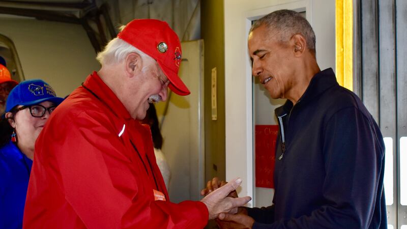 Former President Barack Obama greeted veterans who served in Korea and Vietnam as they arrived...