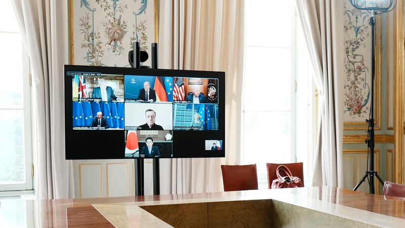 A general view of the video screen of G7 leaders during a video-conference on Ukraine at the...