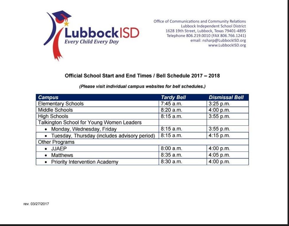 New LISD bell schedule for 2017 (Source: LISD)