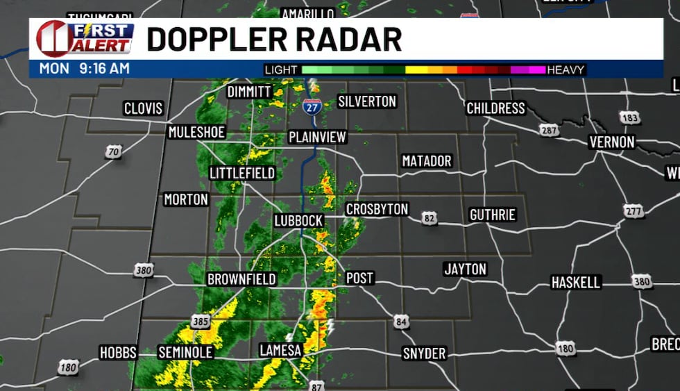 Thunerstorms Showers, thunderstorms moving east across the Caprock