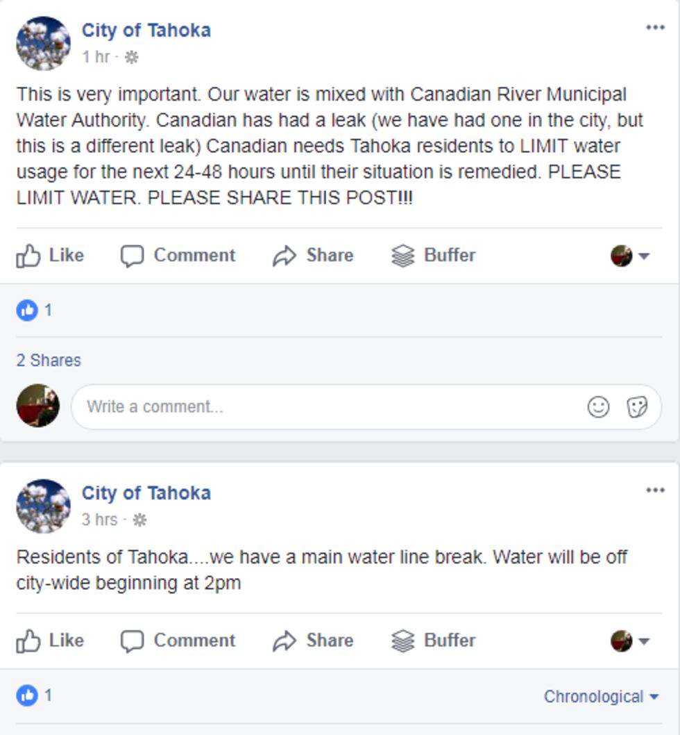 Facebook posts from the City of Tahoka warn people of water usage on Nov. 4 (Source: Facebook)